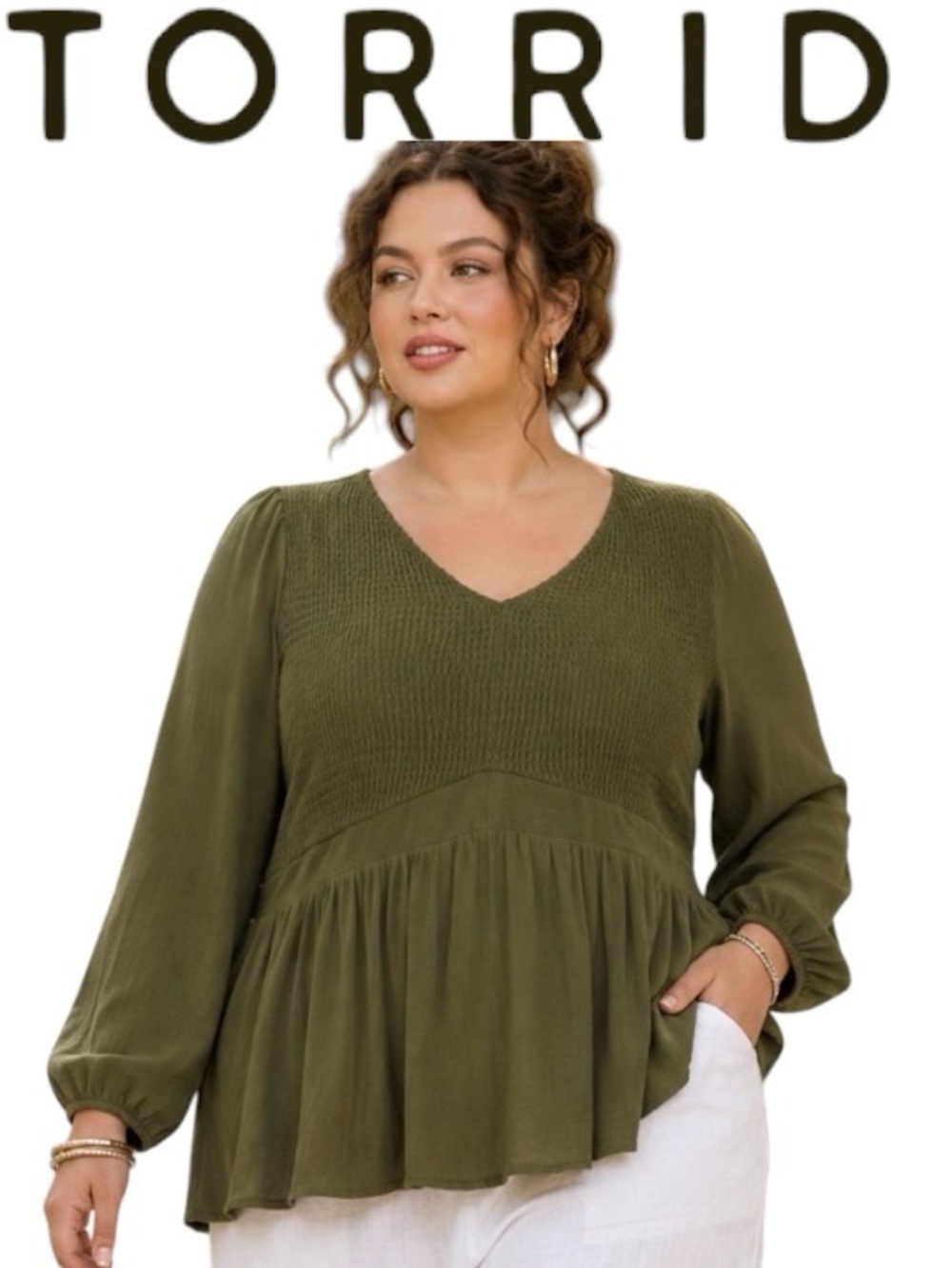 2X TORRID Shirred Bodice Babydoll Gauze Top with V Neck and Long Sleeves, NWT
